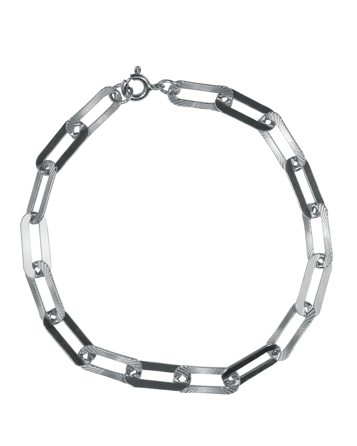 A silver-toned chain link bracelet with alternating polished and textured rectangular links, displayed on a clean white background.